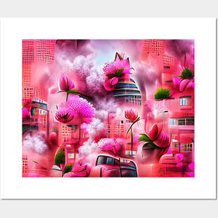 Beautiful Pink Flowers and City Art Posters and Art